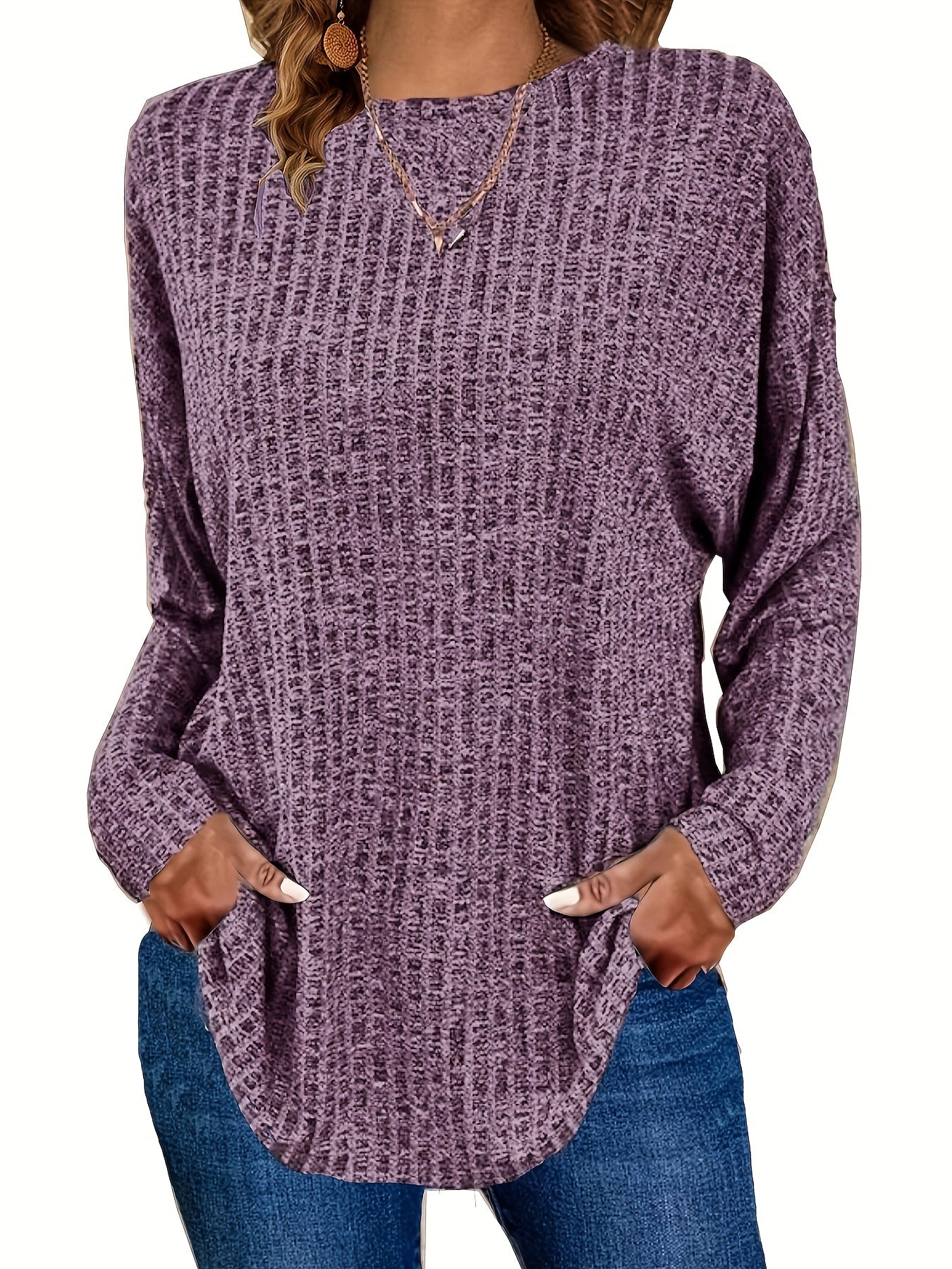 Sixsr Plus Size Casual Sweater, Women's Plus Solid Ribbed Long Sleeve Round Neck Knit Top