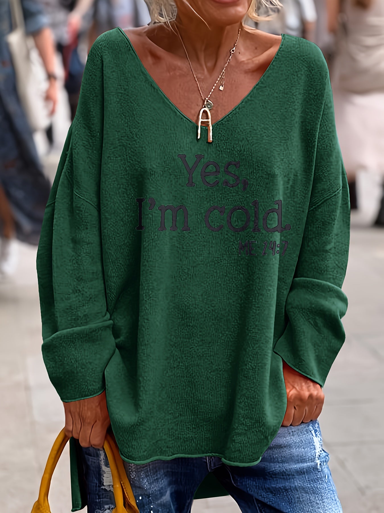 Sixsr Letter Pattern V Neck Oversized Sweater, Casual Long Sleeve Rolled Trim Sweater, Women's Clothing