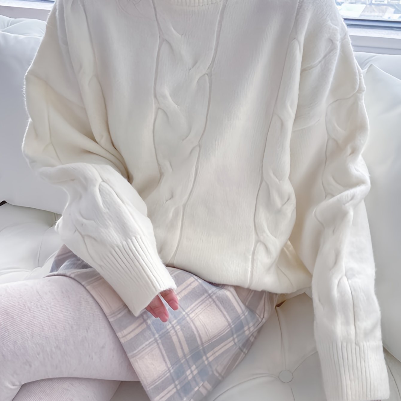 Sixsr Solid Cable Knit Loose Sweater, Casual Crew Neck Long Sleeve Sweater, Women's Clothing