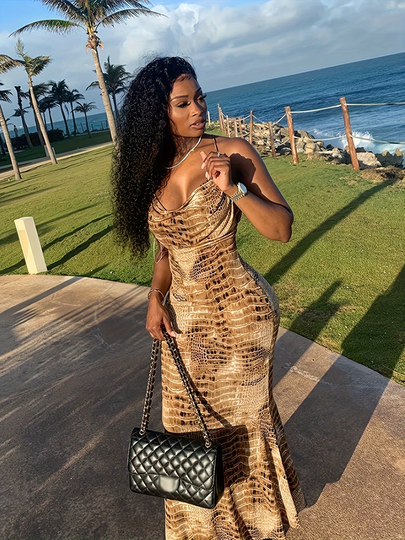 Sixsr Snake Skin Print Cowl Neck Dress, Elegant Ruffle Trim Mermaid Dress For Spring & Summer, Women's Clothing