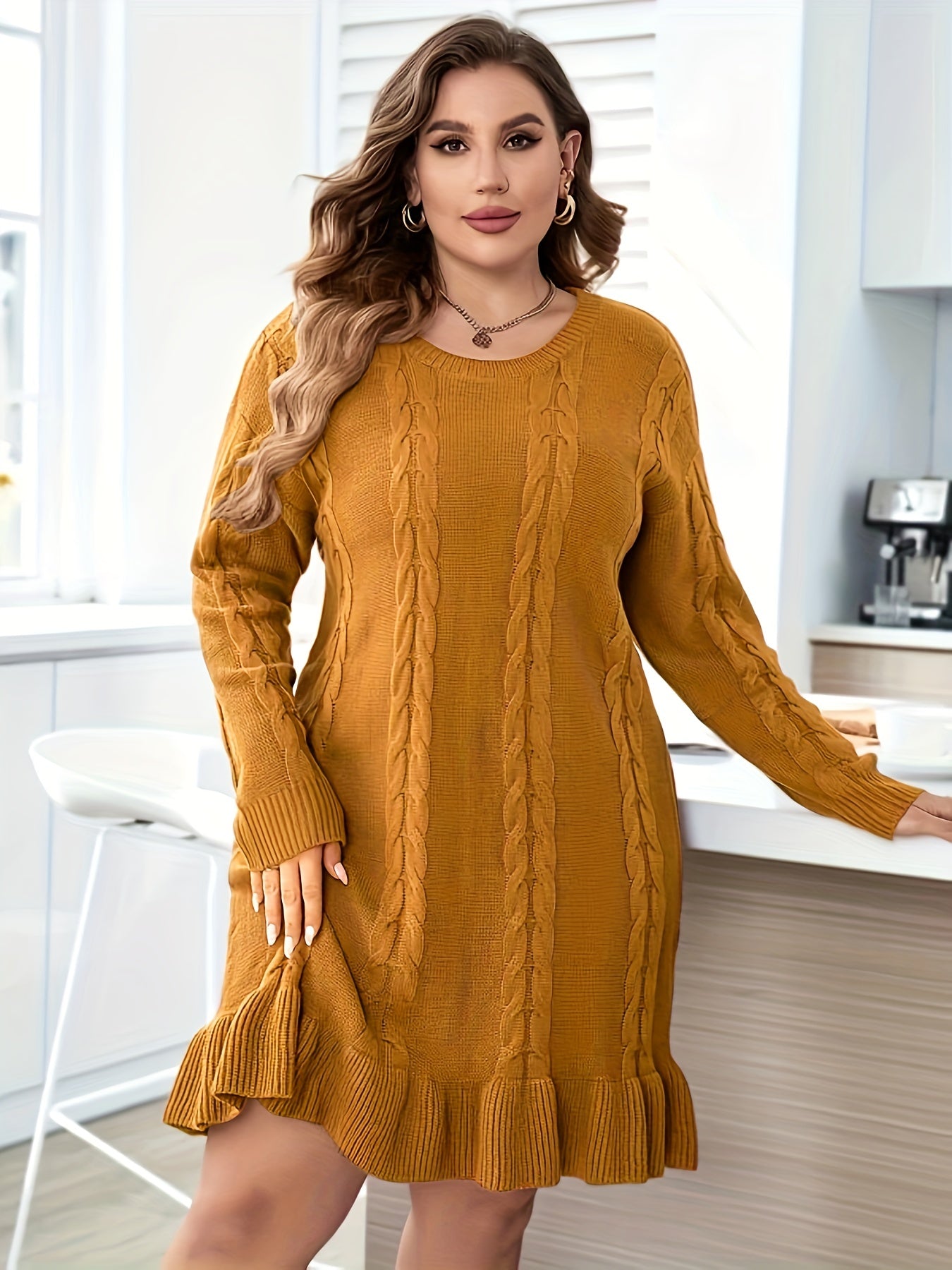 Sixsr Plus Size Casual Sweater Dress, Women's Plus Solid Cable Knit Round Neck Long Sleeve Ruffle Trim Slight Stretch Sweater Dress