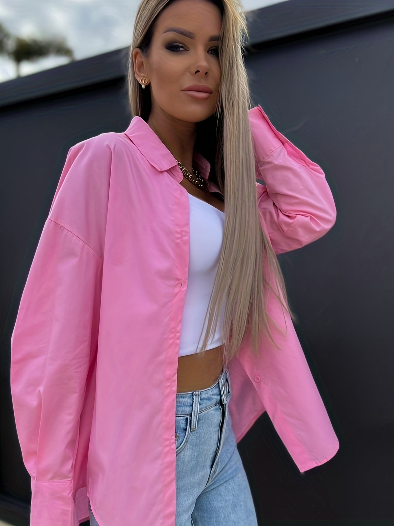Sixsr V-neck Loose Lapel Blouses, Casual Button Down Long Sleeve Fashion Spring Summer Shirts Tops, Women's Clothing