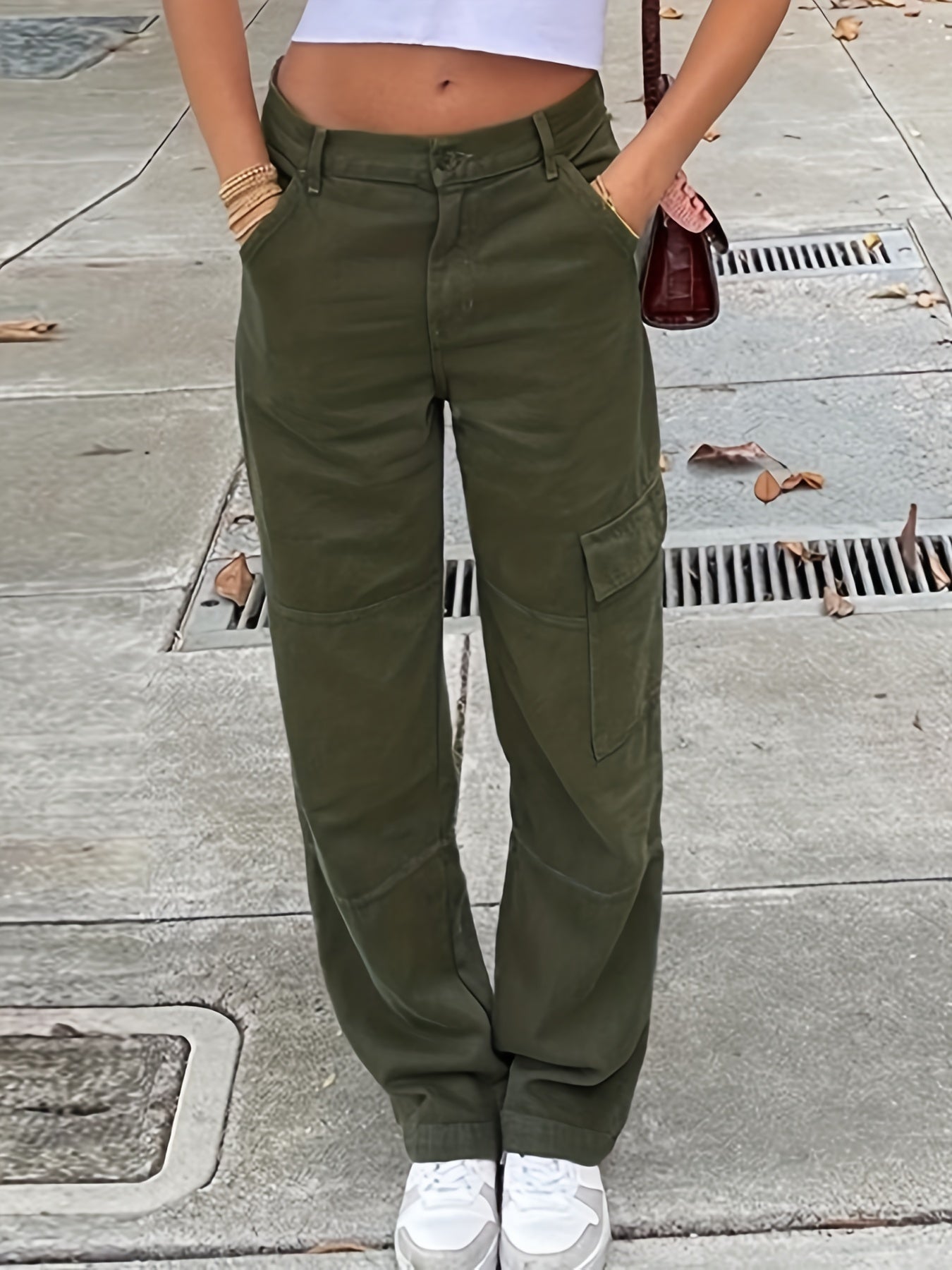 Sixsr Green Loose Fit Straight Jeans, Flap Muti-Pockets Wide Legs Non-Stretch Denim Pants, Women's Denim Jeans & Clothing