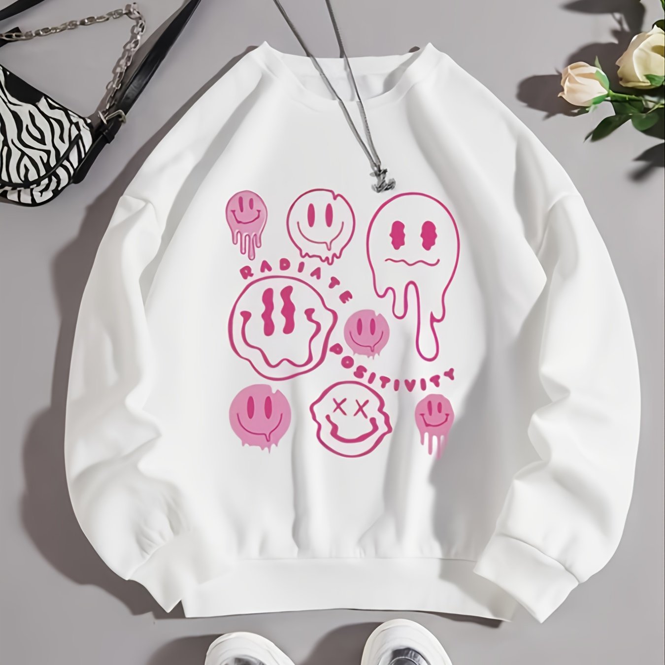 Sixsr Valentine's Day Smile Print Crew Neck Pullover, Casual Fashion Loose Long Sleeve Sweatshirt, Women's Clothing