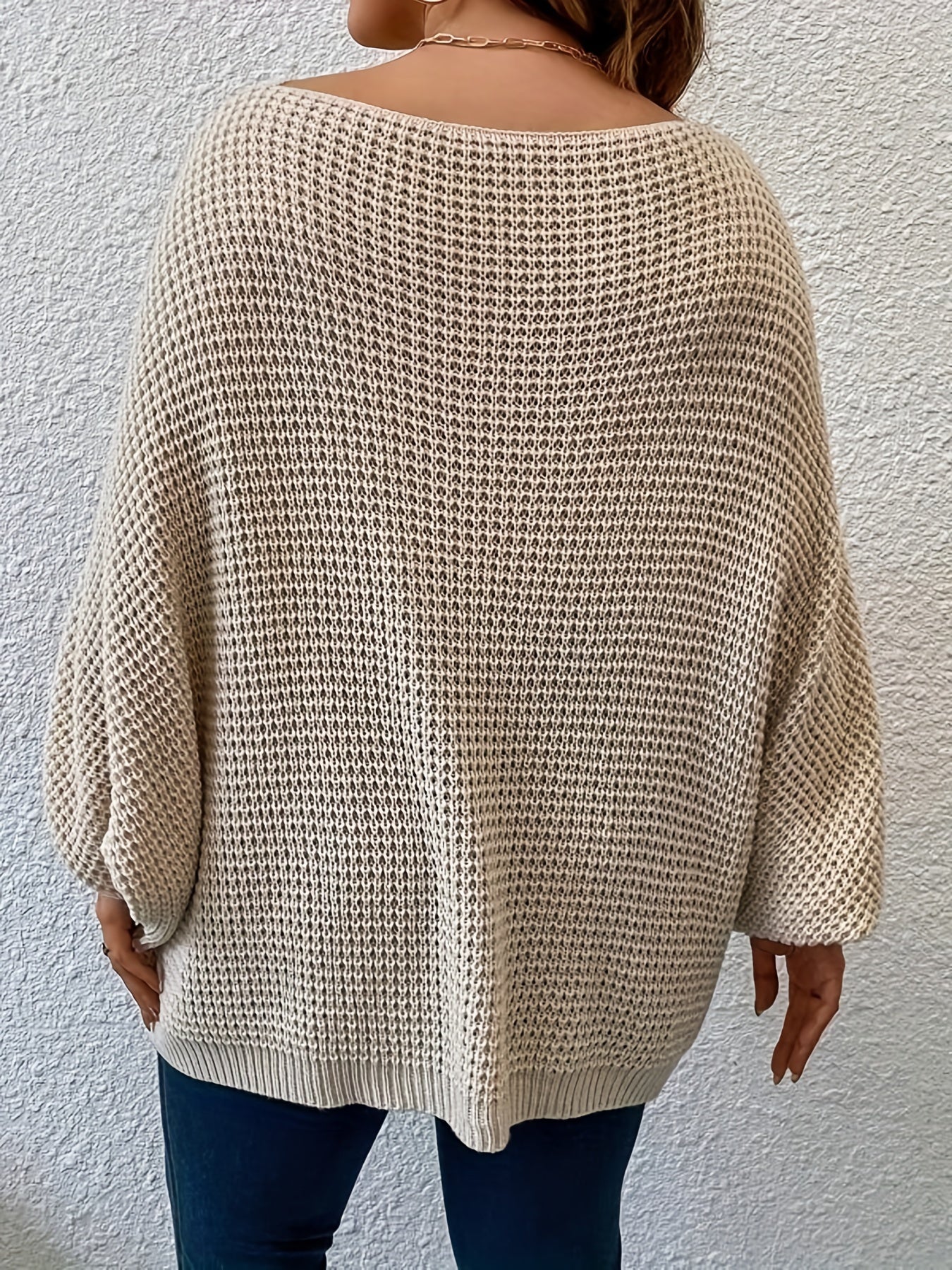 Sixsr Plus Size Casual Sweater, Women's Plus Plain Bat Sleeve Round Neck Slight Stretch Pullover Sweater