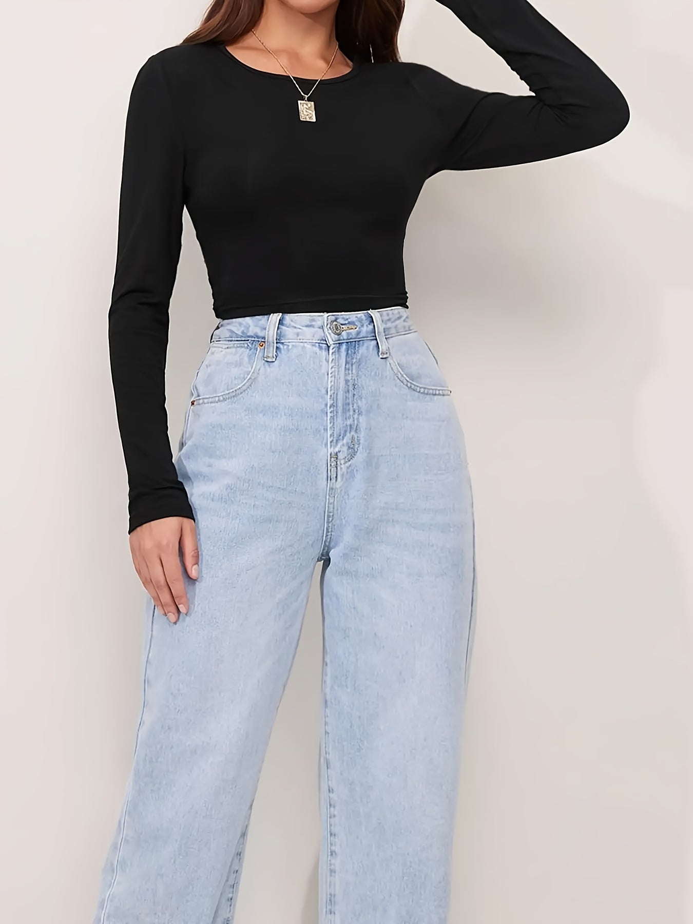 Sixsr Solid Crew Neck Crop T-Shirt, Casual Long Sleeve Tie Back T-Shirt For Spring & Fall, Women's Clothing