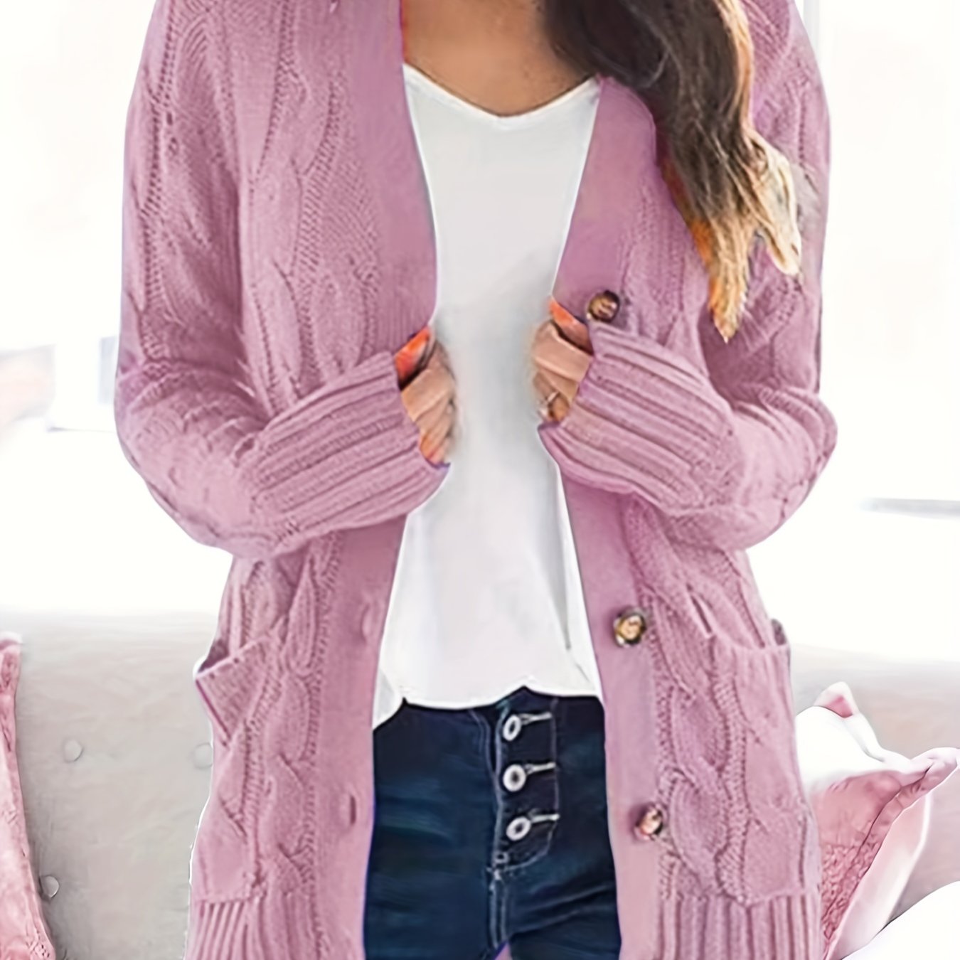 Sixsr Cable Knit Button Front Cardigan, Casual Solid Long Sleeve Cardigan For Fall & Winter, Women's Clothing