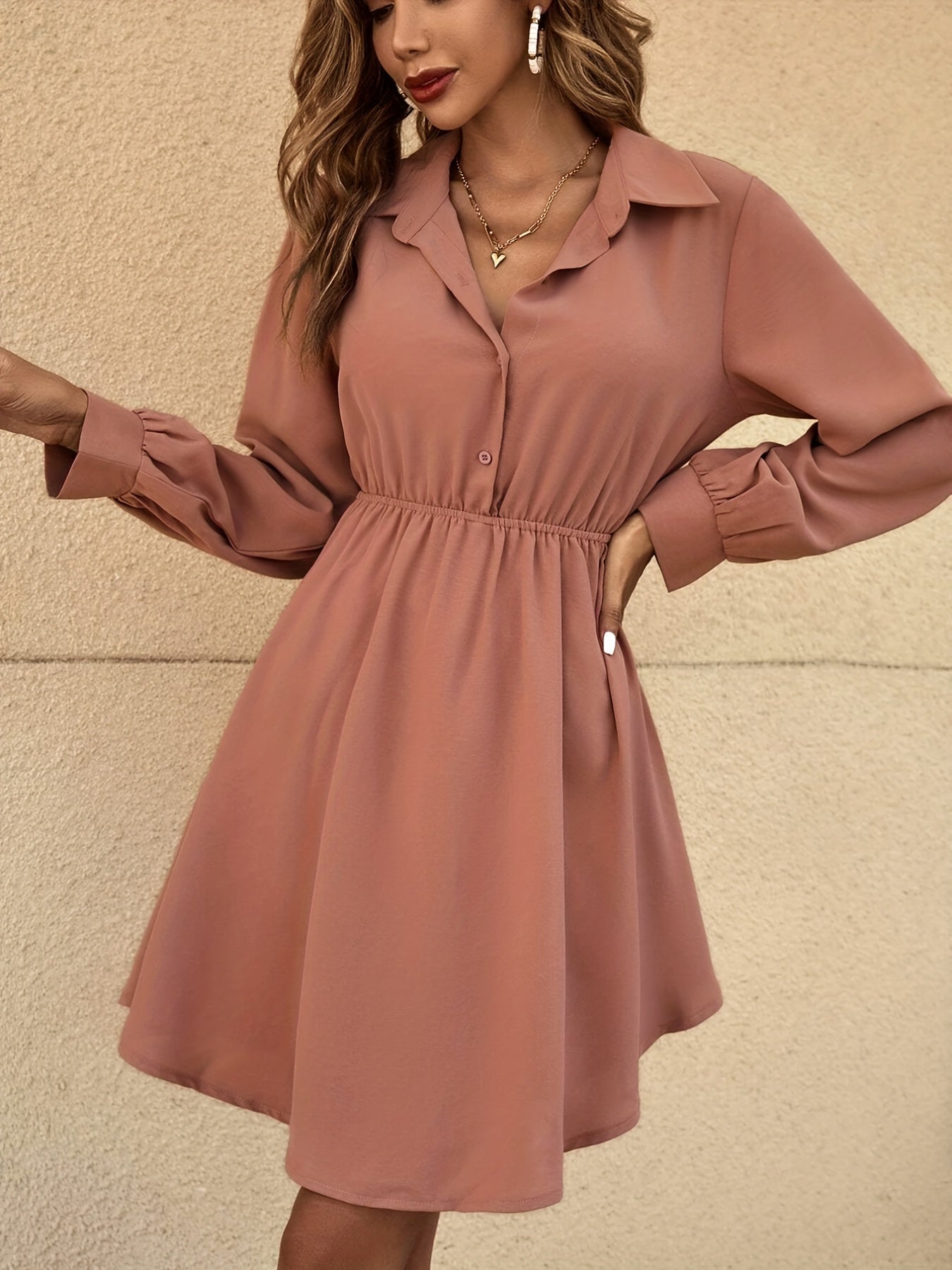Sixsr Cinched Waist Simple Dress, Casual Button Front Long Sleeve Dress, Women's Clothing