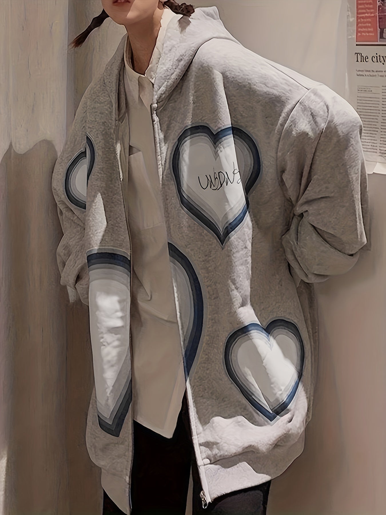 Sixsr Heart Print Zip Up Drawstring Hoodie, Y2K Long Sleeve Drop Shoulder Hoodie, Women's Clothing