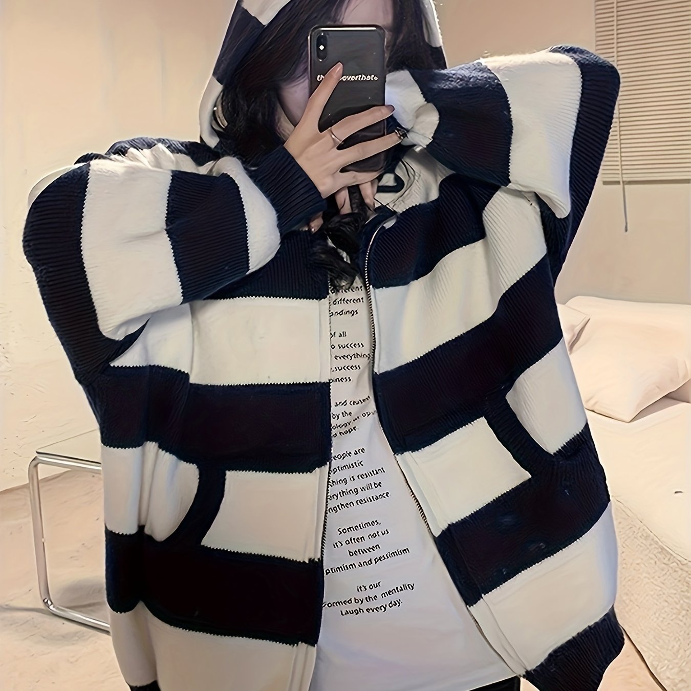 Sixsr Striped Zip Up Knit Cardigan, Vintage Long Sleeve Loose Hooded Sweater, Women's Clothing