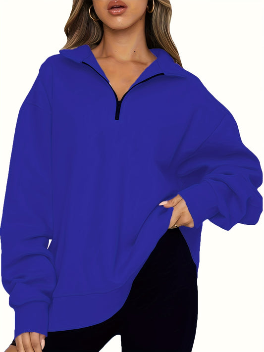 Sixsr Plus Size Casual Sweatshirt, Women's Plus Solid Long Sleeve Zip Up Lapel Collar Pullover Sweatshirt, Casual Tops For Fall & Winter, Women's Clothing