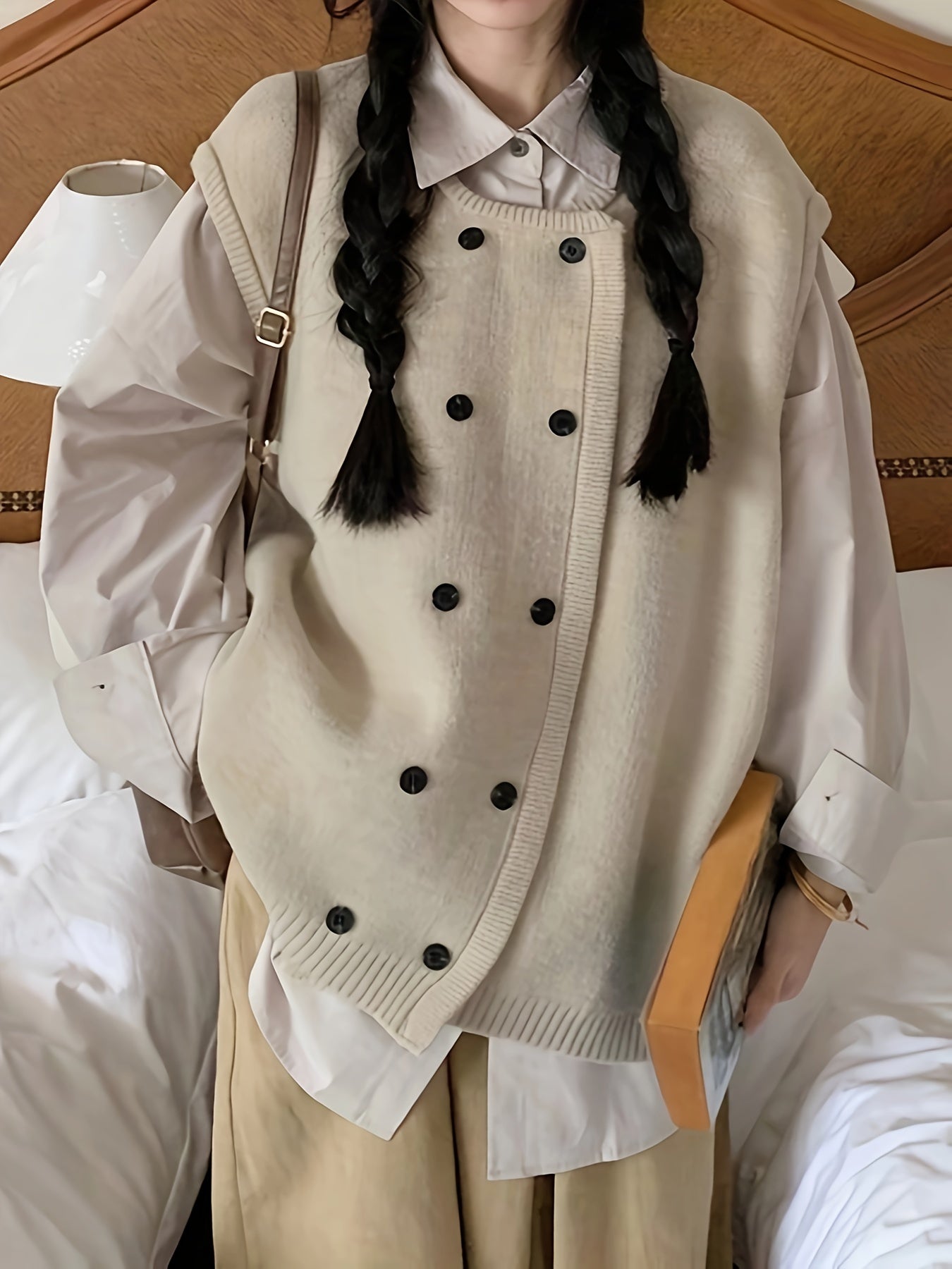 Sixsr Solid Double Breasted Knitted Vest, Casual Crew Neck Sleeveless Loose Sweater, Women's Clothing