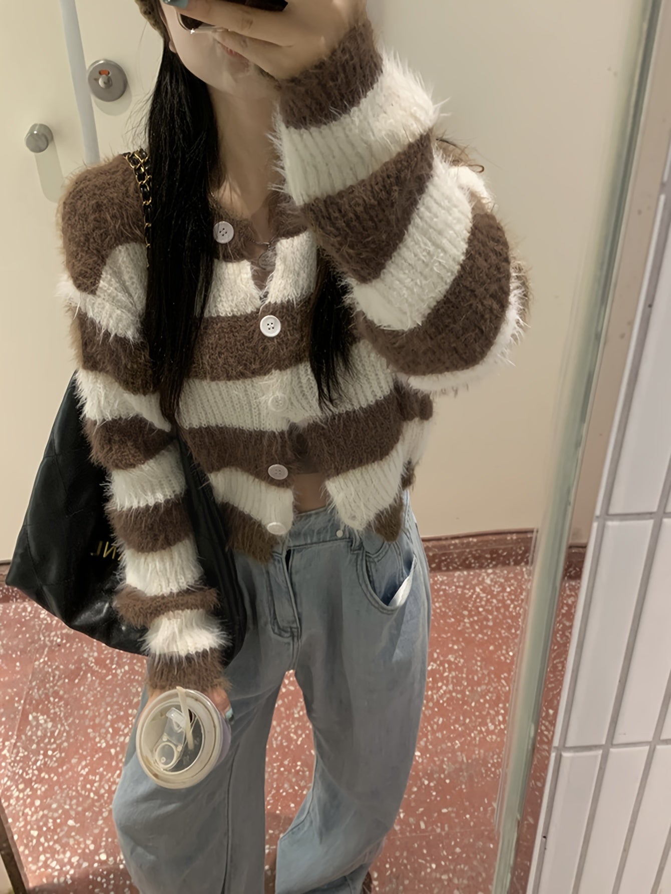 Sixsr Color Block Striped Fleece Knit Cardigan, Casual Button Down Long Sleeve Cozy Sweater, Women's Clothing