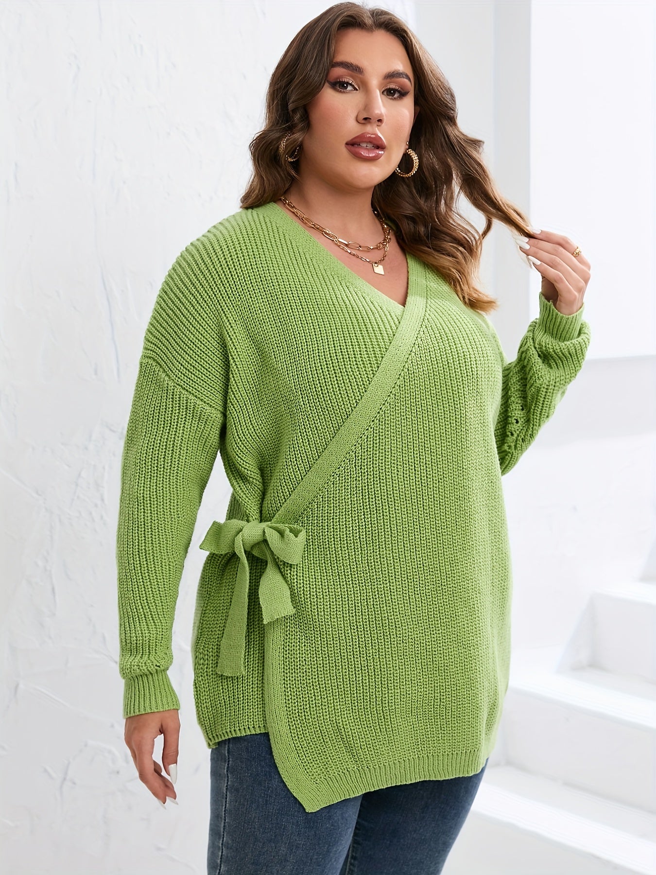 Sixsr Plus Size V Neck Rib Knit Belted Wrap Sweater, Women's Plus Slight Stretch Casual Sweater