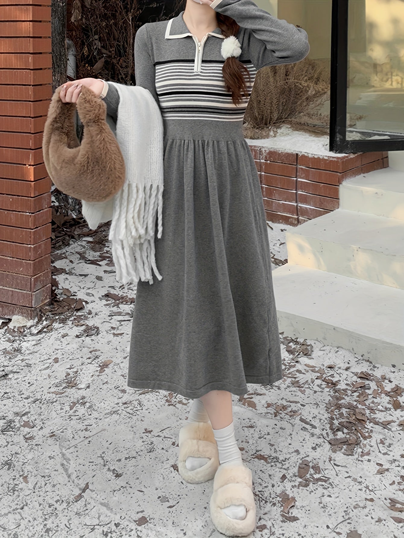 Sixsr Striped Contrast Trim Waist Sweater Dress, Long Sleeve Lapel Collar Causal Dress, Women's Clothing