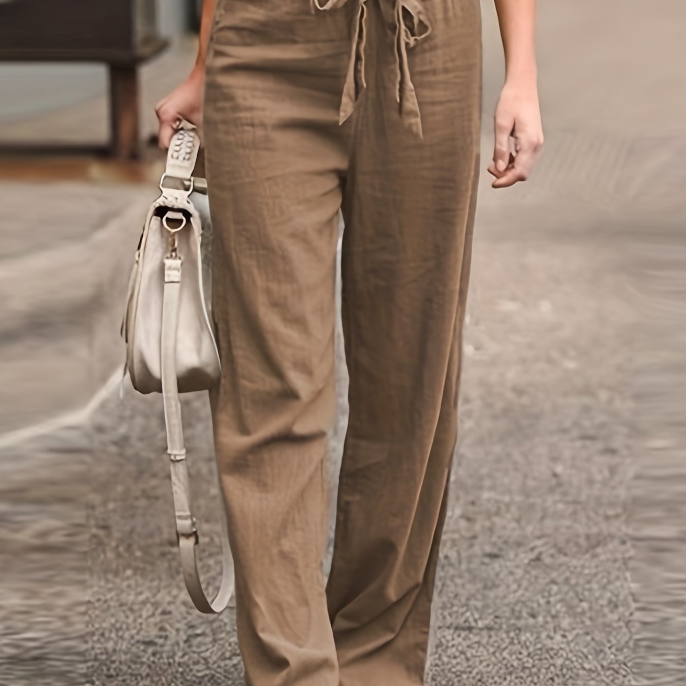 Sixsr Solid Tie Waist Pants, Casual High Waist Wide Leg Long Length Pants, Women's Clothing