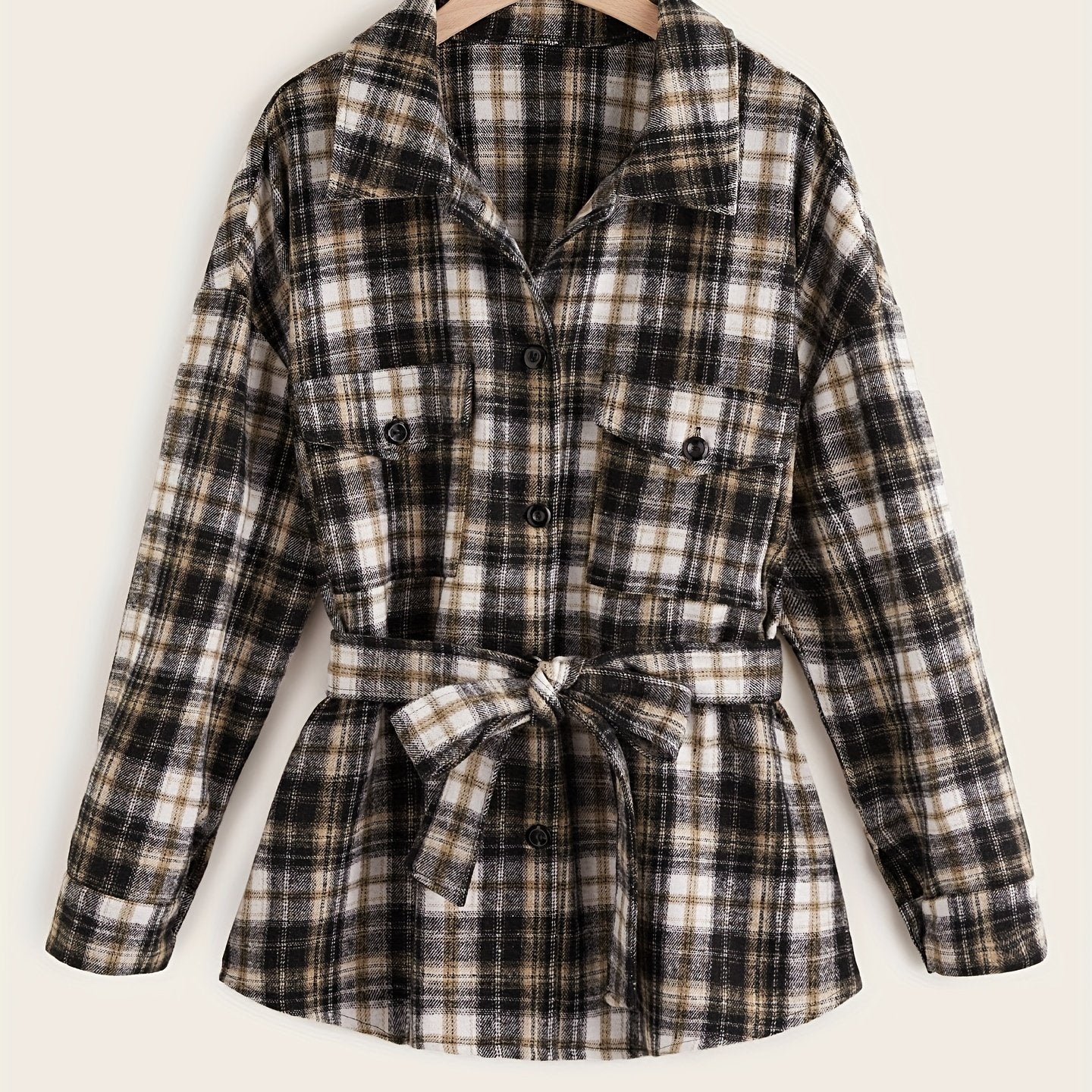 Sixsr Plus Size Casual Coat, Women's Plus Plaid Print Long Sleeve Button Up Overcoat With Belt