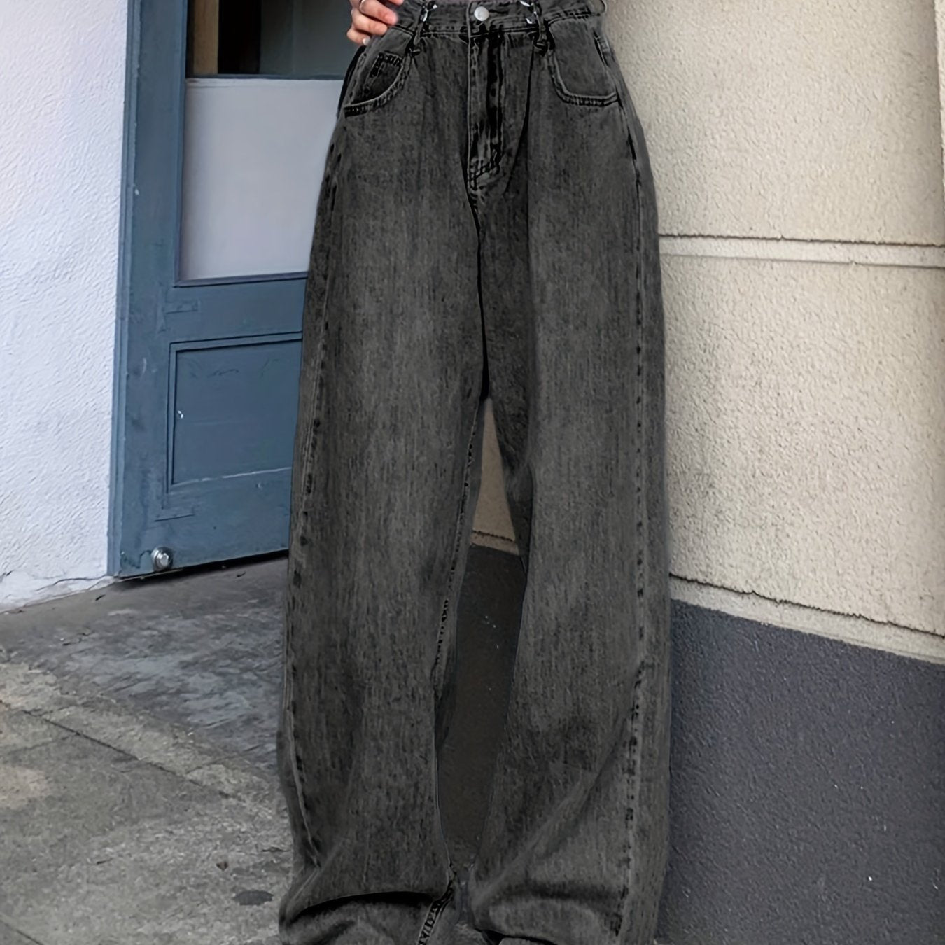 Sixsr Blue Adjustable Buckle Waist Straight Jeans, Loose Fit Slant Pockets High Waist Wide Legs Jeans, Women's Denim Jeans & Clothing