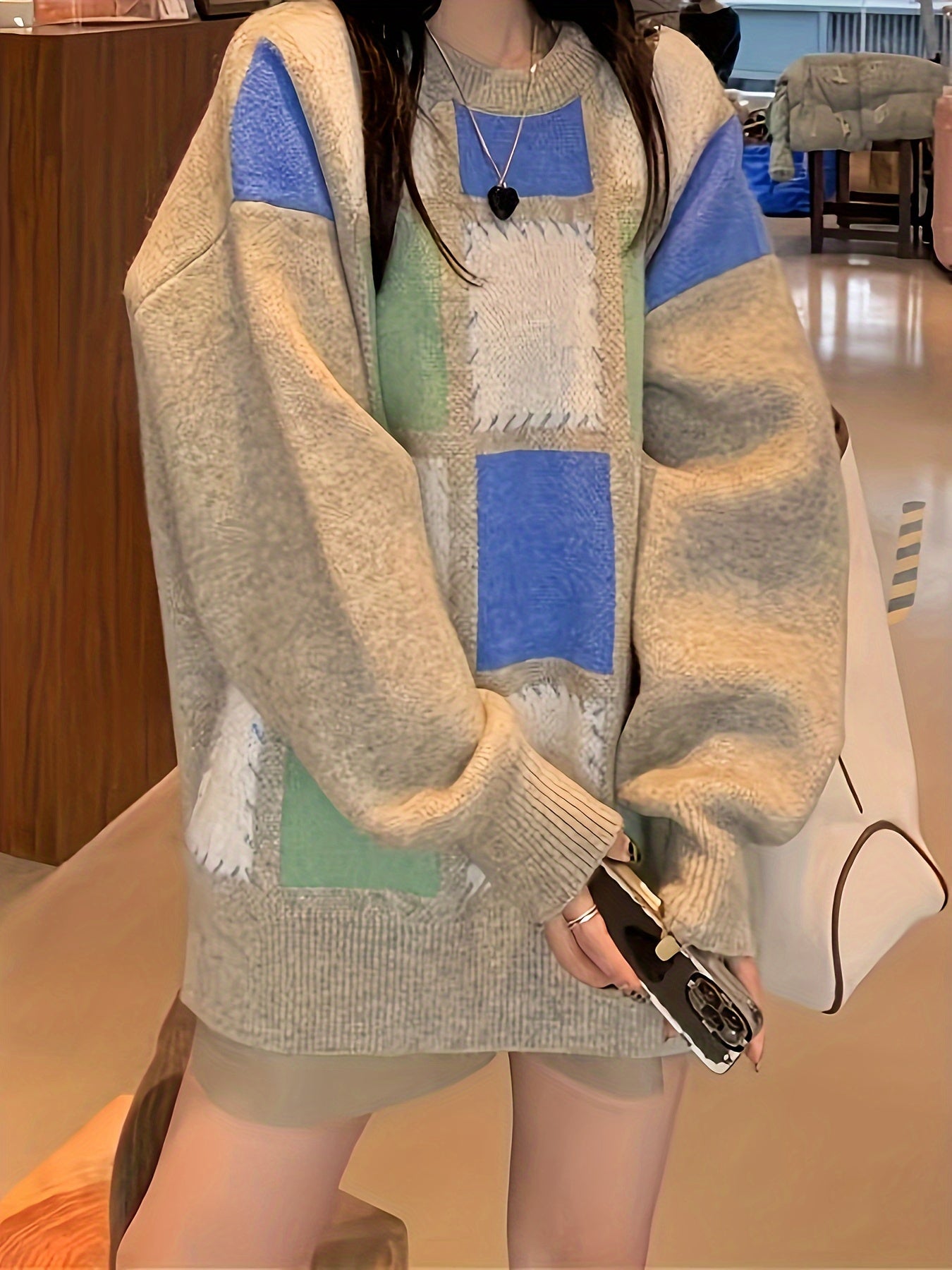 Sixsr Color Block Plaid Pullover Sweater, Casual Long Sleeve Crew Neck Sweater, Women's Clothing