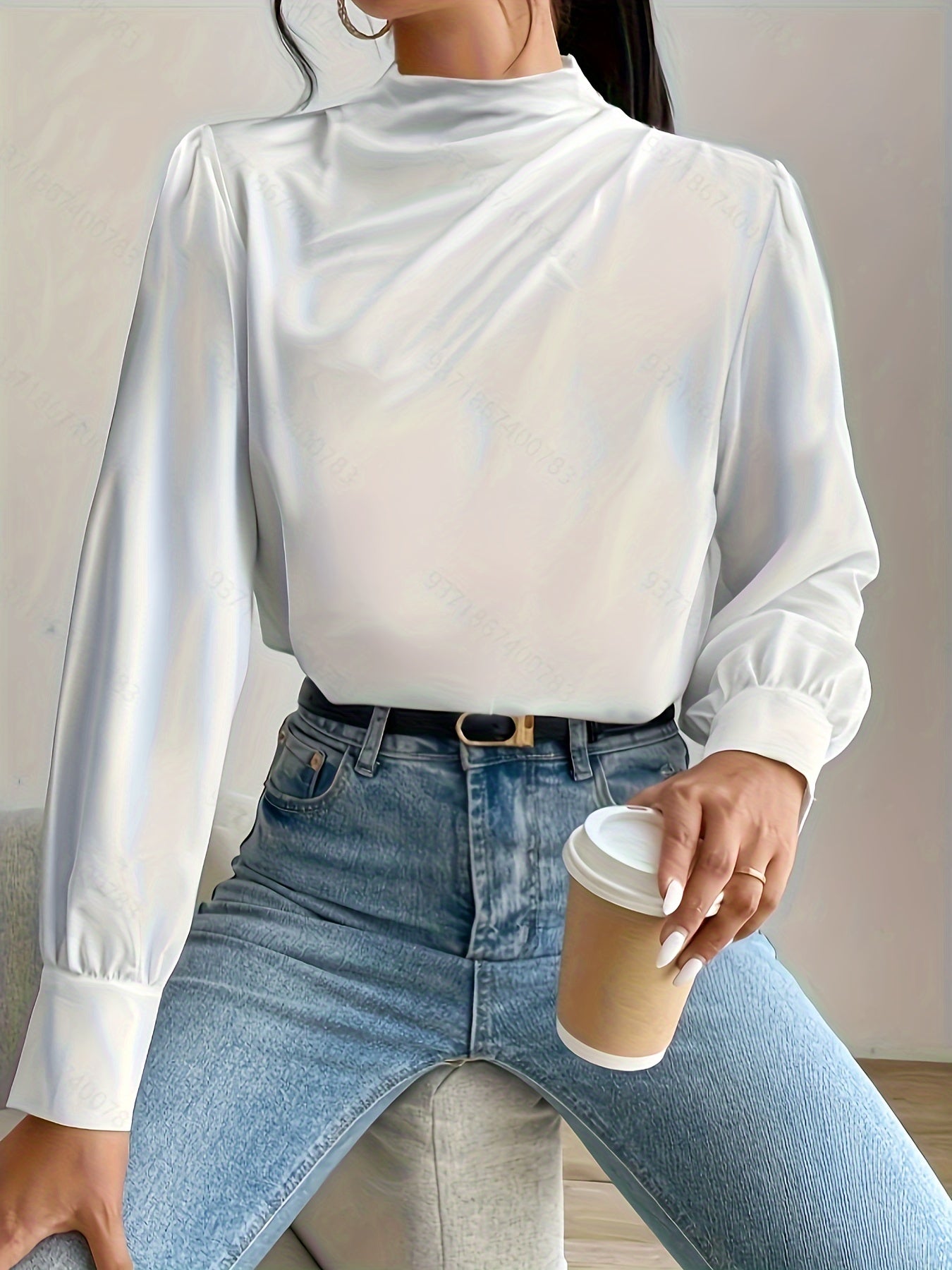 Sixsr Solid Ruched Mock Neck Blouse, Casual Long Sleeve Blouse For Spring & Fall, Women's Clothing