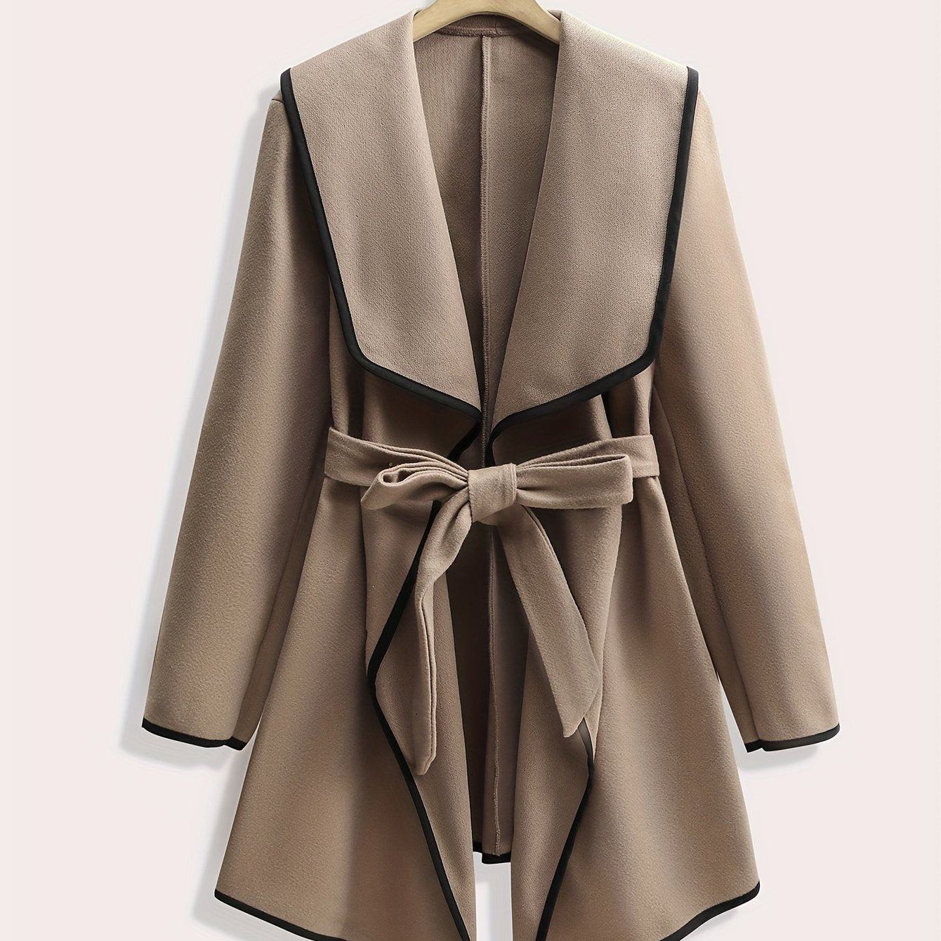 Sixsr Plus Size Elegant Coat, Women's Plus Solid Long Sleeve Open Front Waterfall Collar Asymmetric Hem Overcoat With Belt