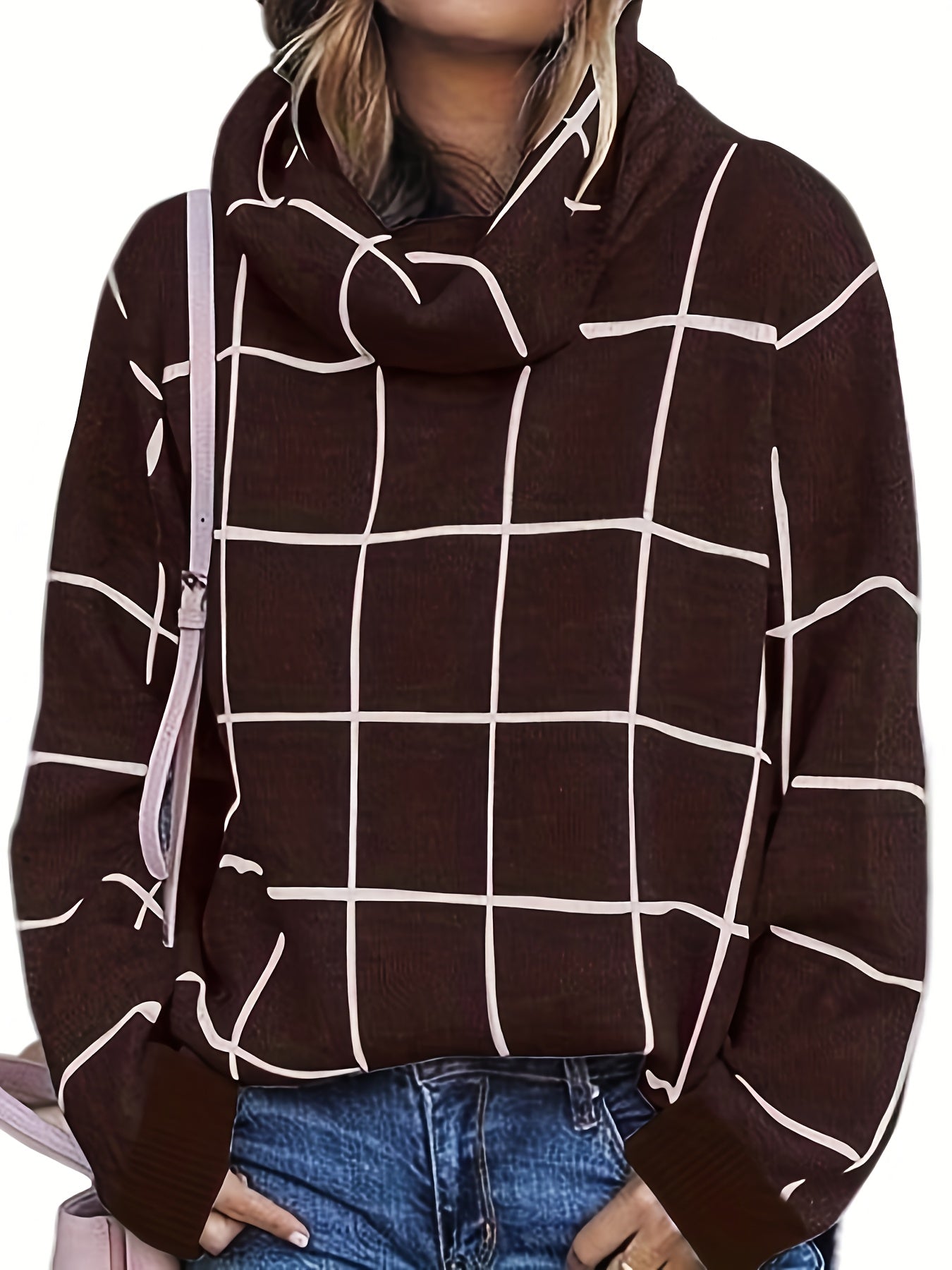 Sixsr Plaid Pattern Turtleneck Knitted Pullover Top, Casual Long Sleeve Sweater For Fall & Winter, Women's Clothing