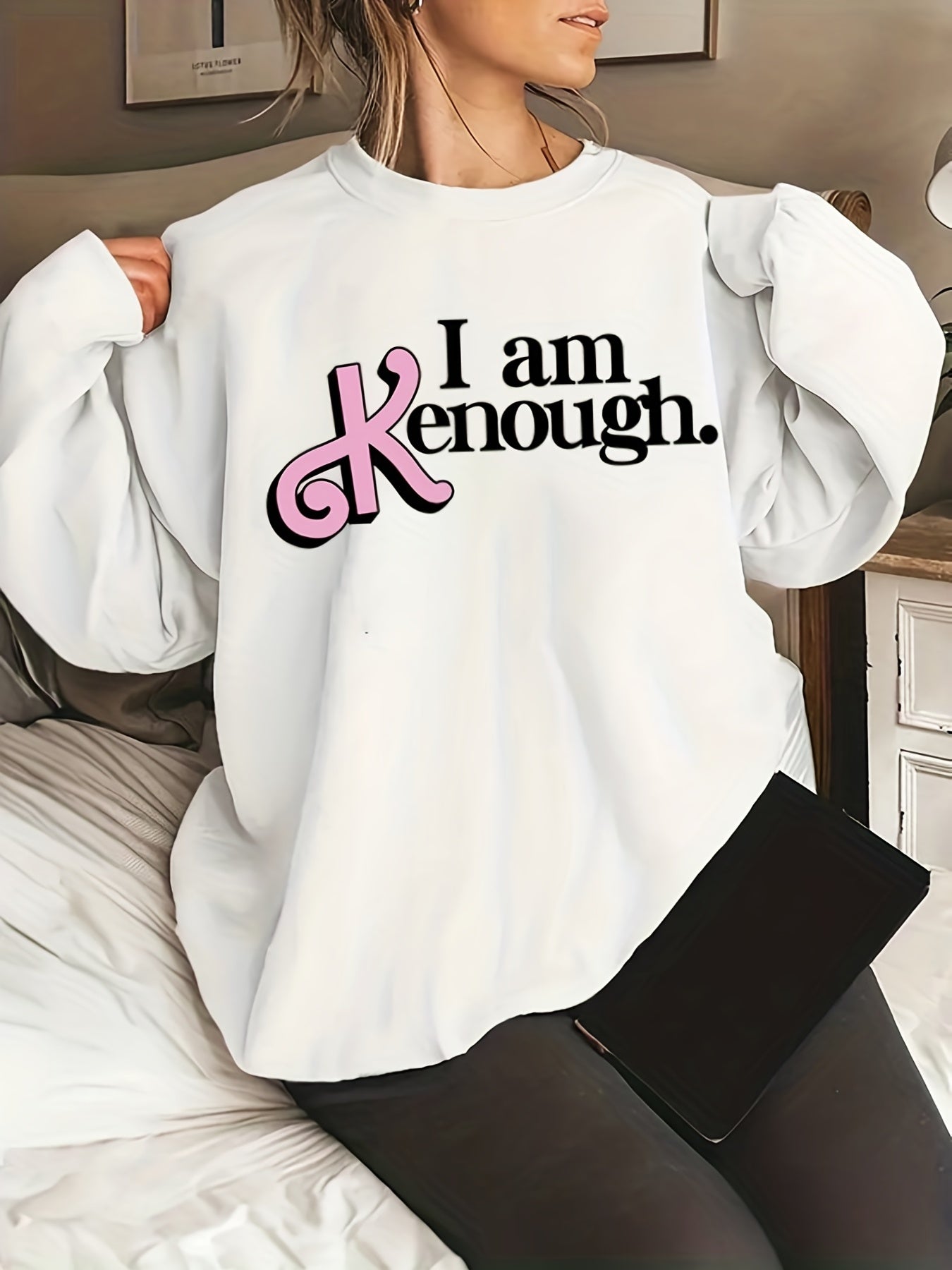 Sixsr Plus Size Halloween Casual Sweatshirt, Women's Plus Slogan Print Long Sleeve Round Neck Sweatshirt