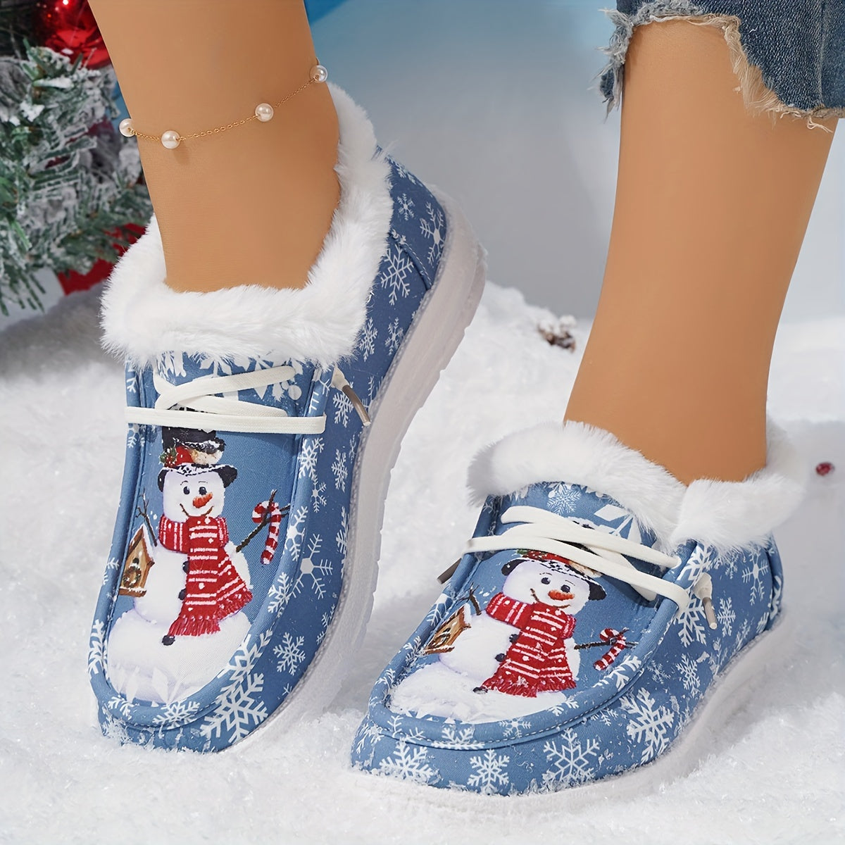 Thickened Warm Christmas Snowman Pattern Winter Outdoor Sneakers, Cute Comfortable Flat Snow Shoes