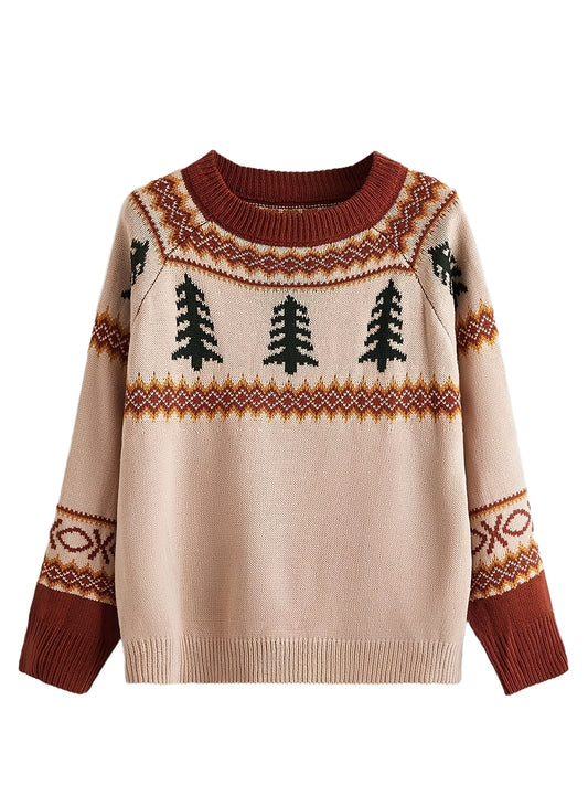 Sixsr Plus Size Christmas Jacquard Long Sleeve Sweater, Women's Plus Slight Stretch Casual Pullover Sweater