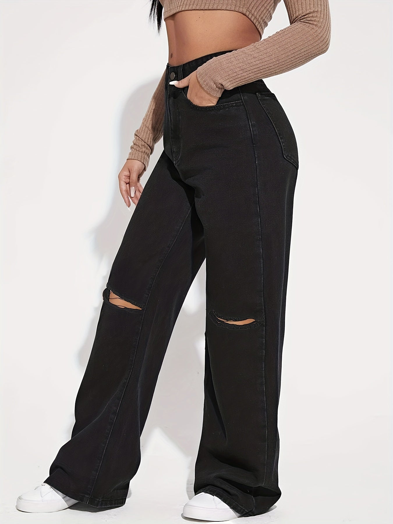 Sixsr Black Ripped Loose Fit Straight Jeans, Wide Leg Slash Pockets High Waist Non-Stretch Denim Pants, Women's Denim Jeans & Clothing