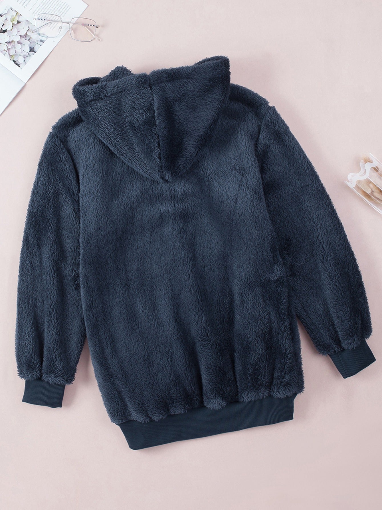 Sixsr Casual Drop Shoulder Drawstring Teddy Hoodie, Women's Solid Long Sleeve Half Zipper Sweatshirt Top