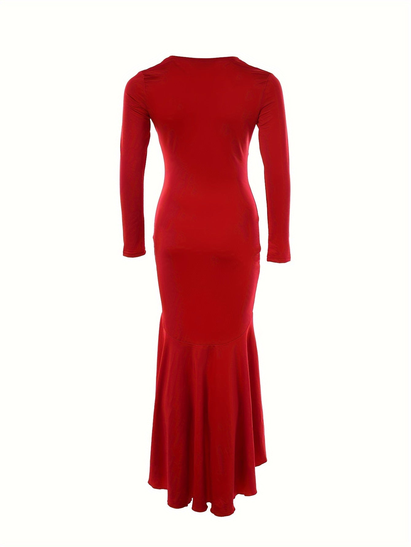 Ruffle Hem Plunging Dress, Sexy Long Sleeve Bodycon Asymmetrical Dress, Women's Clothing
