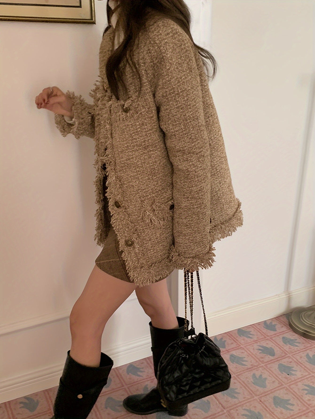 Sixsr Raw Trim Button Front Coat, Chic Long Sleeve Pocket Coat For Fall & Winter, Women's Clothing