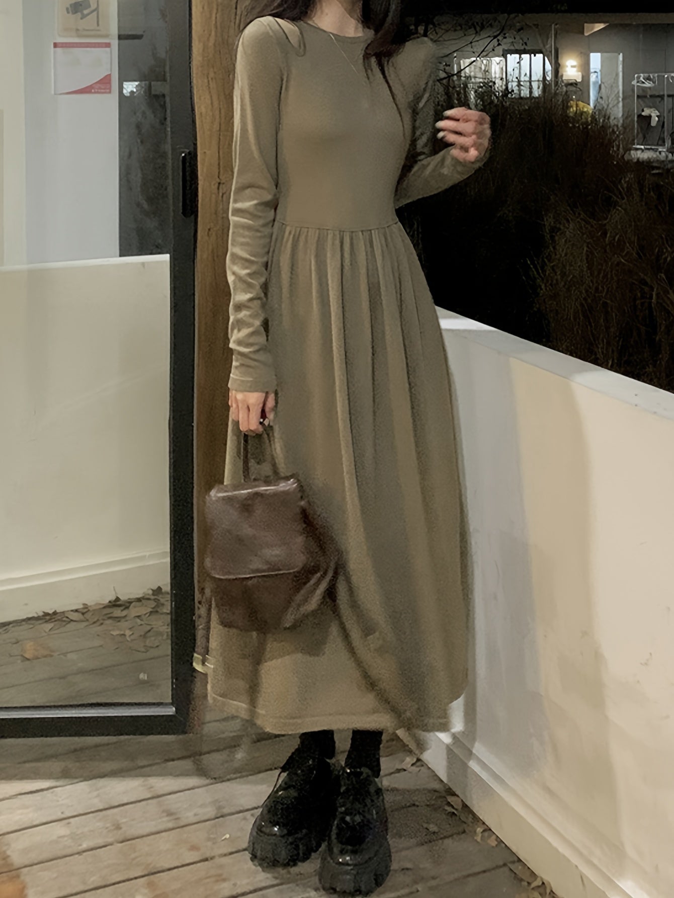 Sixsr Cut Out Long Sleeve A-line Dress, Chic Crew Neck Midi Length Dress, Women's Clothing