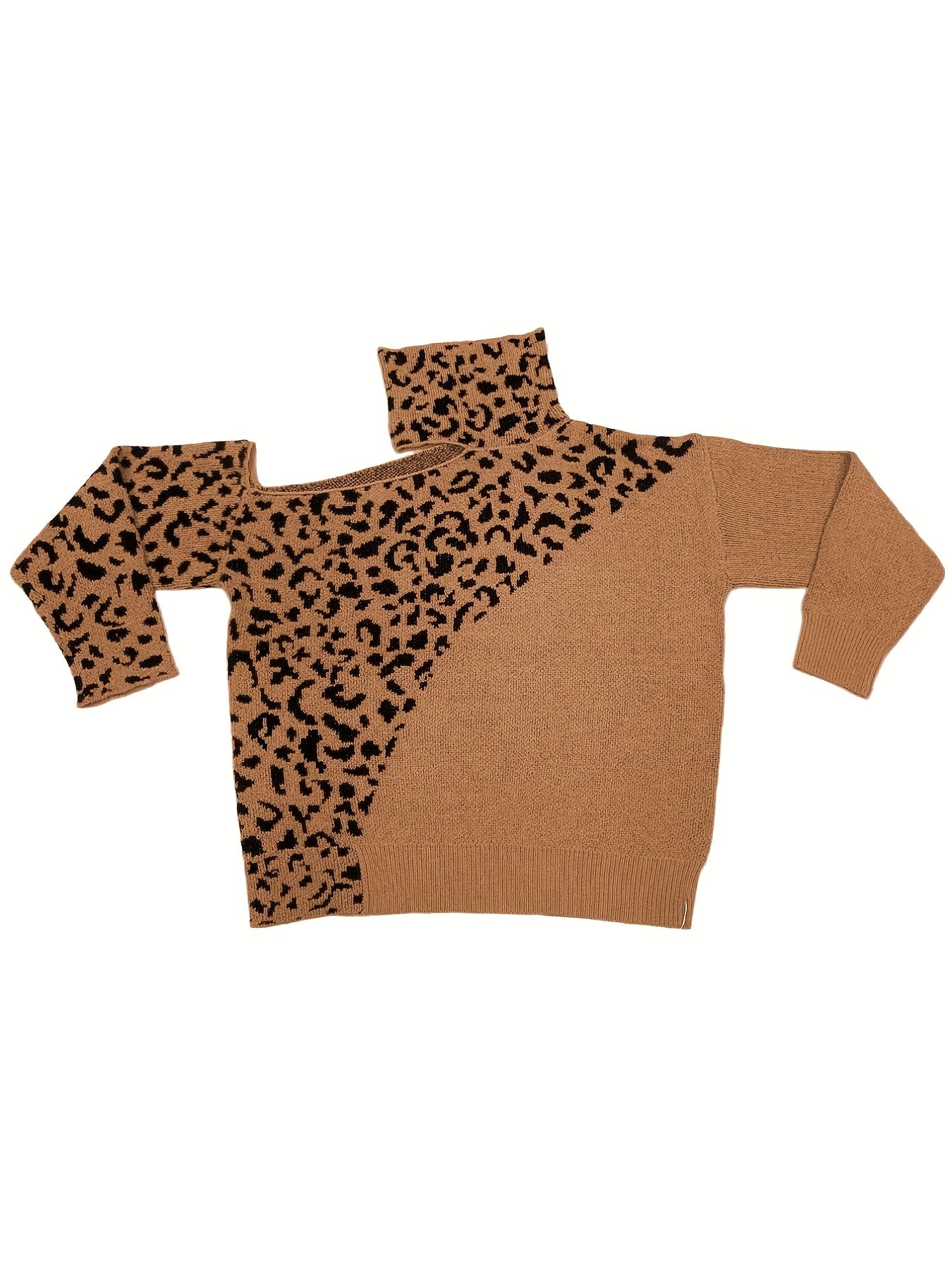 Sixsr Plus Size Casual Sweater, Women's Plus Leopard One Shoulder Long Sleeve Mock Neck Pullover Jumper