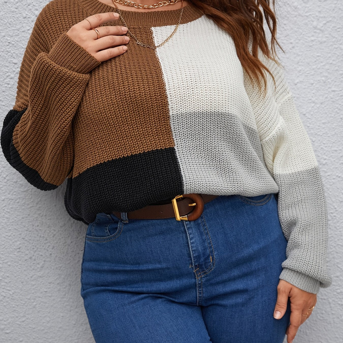 Sixsr Plus Size Colorblock Sweater, Women's Plus Slight Stretch Round Neck Casual Sweater