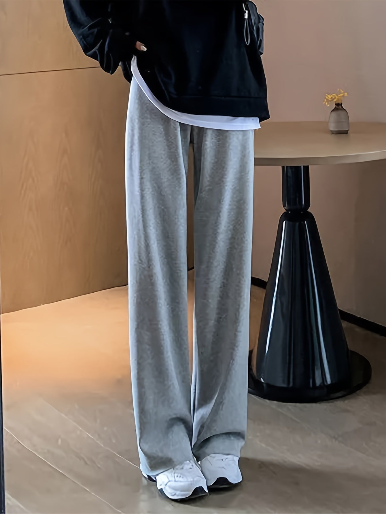 Sixsr Solid Draped Straight Leg Pants, Casual High Waist Loose Pants, Women's Clothing