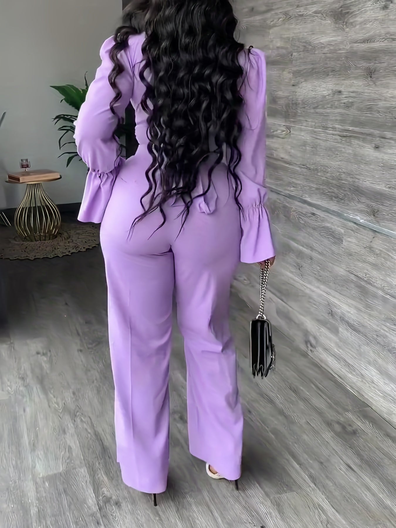 Sixsr Solid Casual Two-piece Set, Surplice Neck Long Sleeve Tops & High Waist Wide Leg Pants Outfits, Women's Clothing