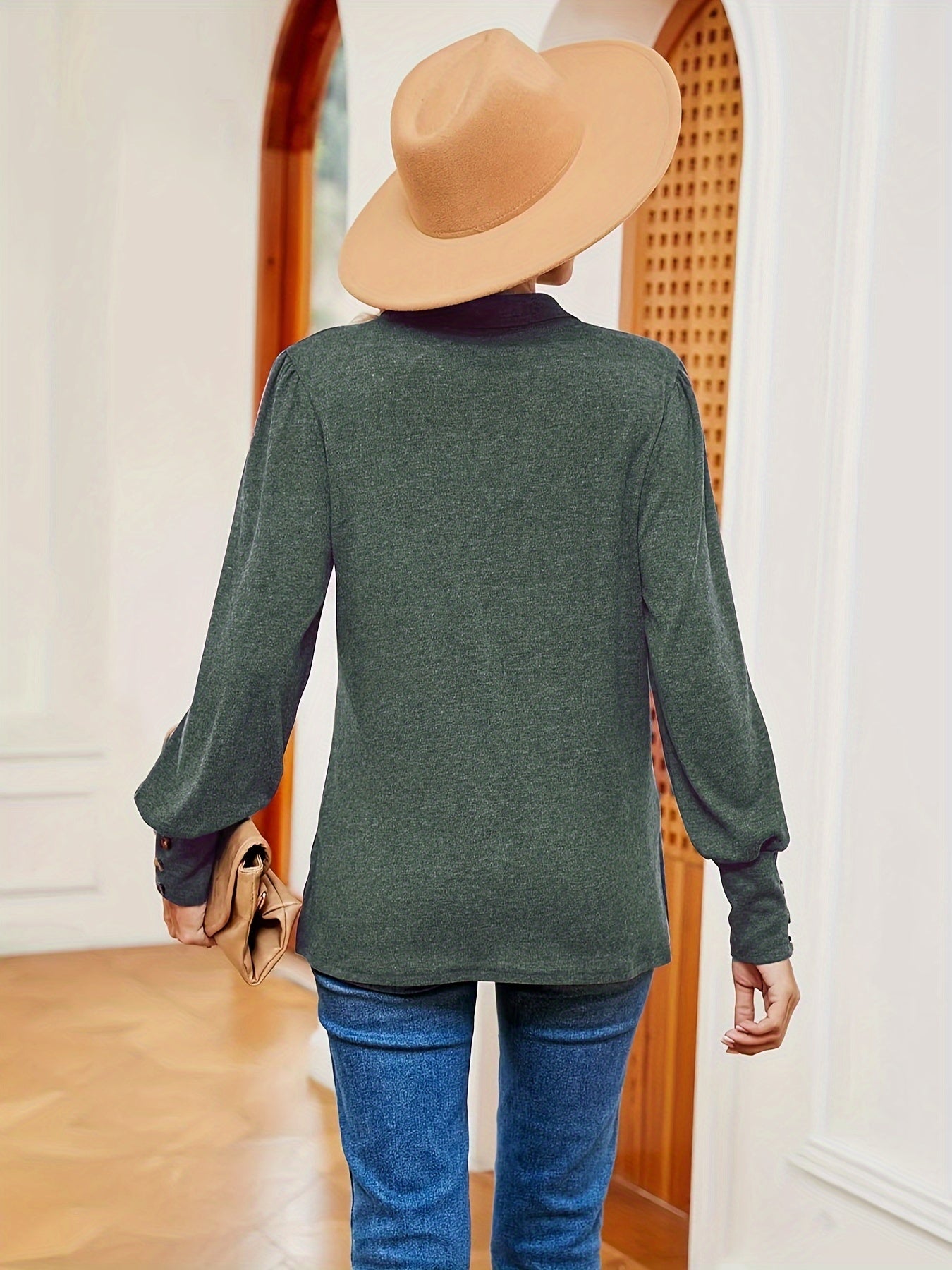 Sixsr Solid Polo Collar T-Shirt, Casual Long Sleeve Top For Spring & Fall, Women's Clothing