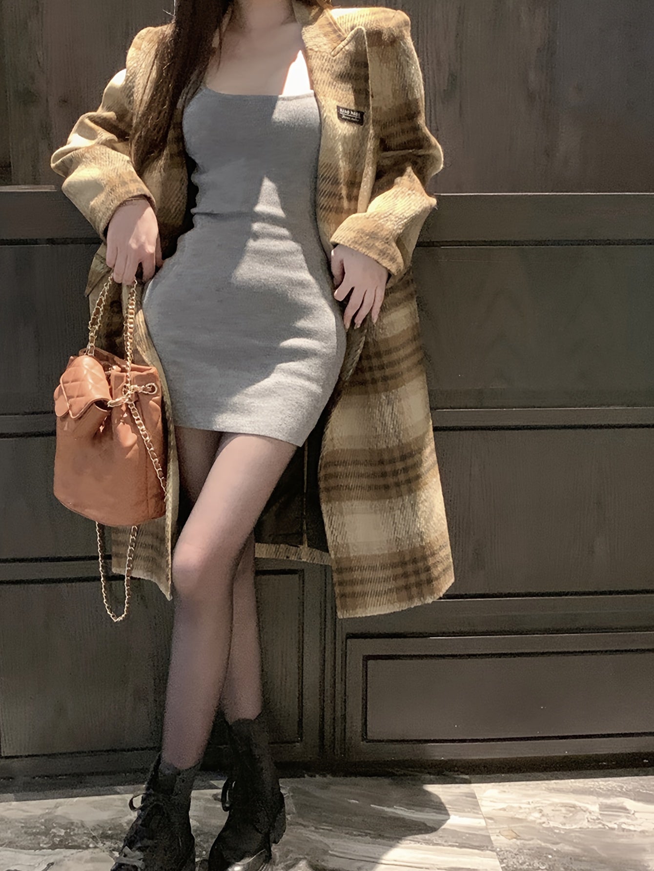 Sixsr Plaid Print Double-breasted Coat, Elegant Notched Collar Long Sleeve Knee Length Coat, Women's Clothing