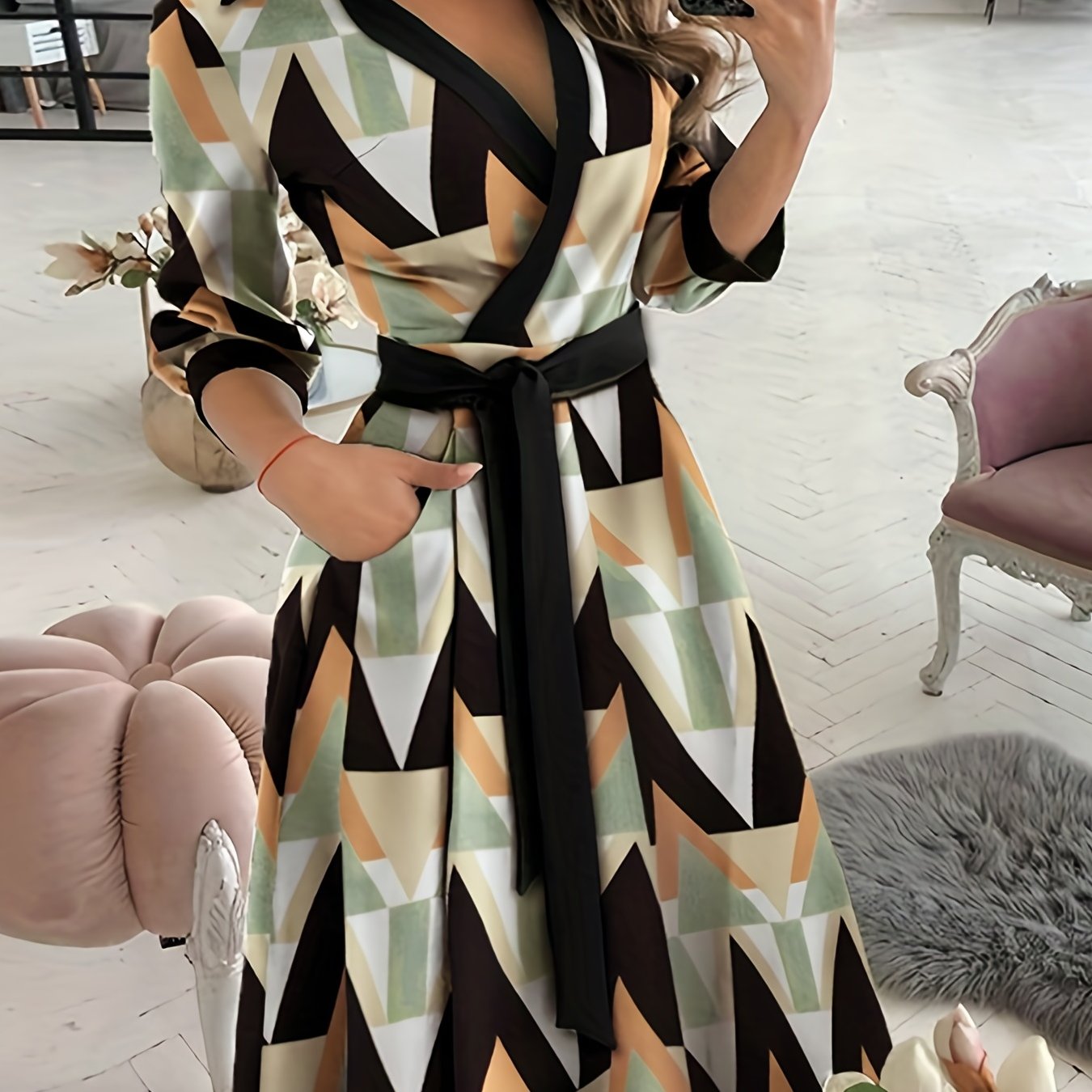 Women's Plus Size Colorblock Geometric Print Lantern Sleeve Surplice Neck Dress with Belt & Pockets - Stylish and Comfortable