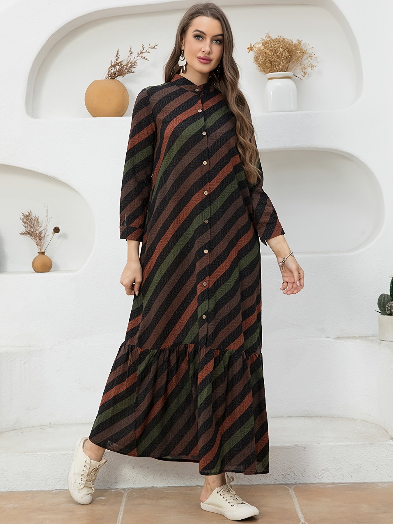 Sixsr Color Block Striped Print Dress, Vintage Button Front Long Sleeve High Neck Ruched Dress, Women's Clothing
