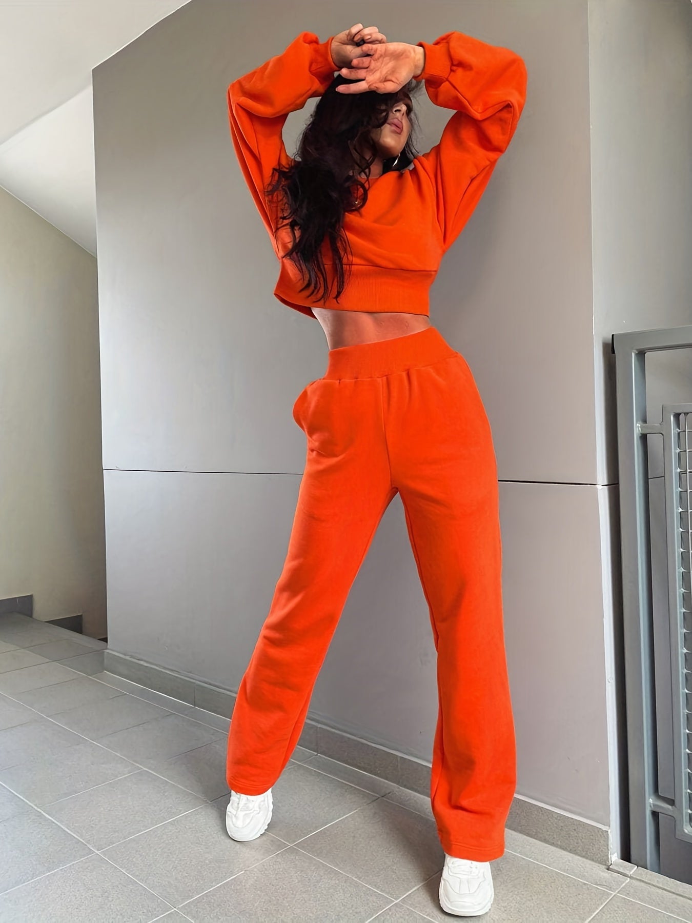 Sixsr Casual Solid Two-piece Set, Crew Neck Long Sleeve Sweatshirt & Straight Leg Pants Outfits, Women's Clothing