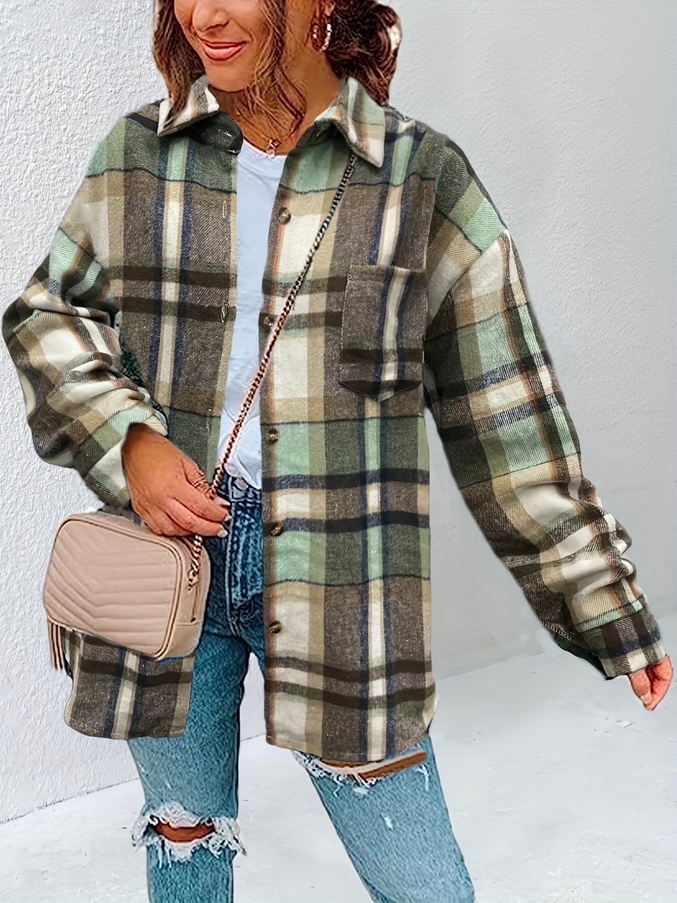 Sixsr Plaid Print Shacket Jacket, Casual Button Front Long Sleeve Outerwear, Women's Clothing