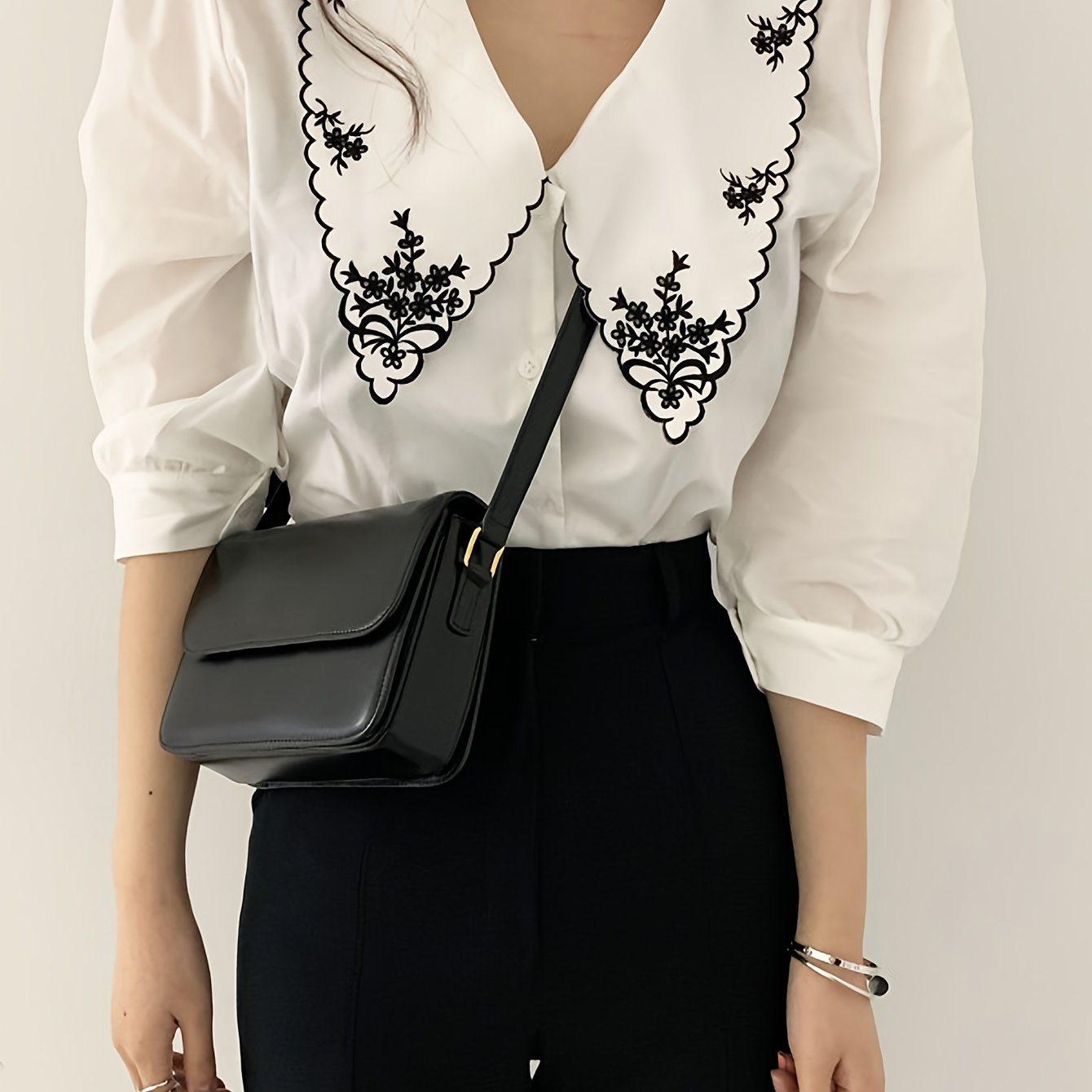 Sixsr Embroidered Peter Pan Collar Blouse, Vintage Half Sleeve Blouse For Spring & Summer, Women's Clothing