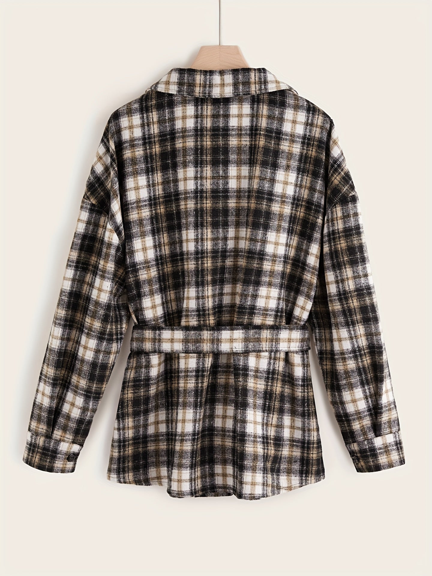 Sixsr Plus Size Casual Coat, Women's Plus Plaid Print Long Sleeve Button Up Overcoat With Belt