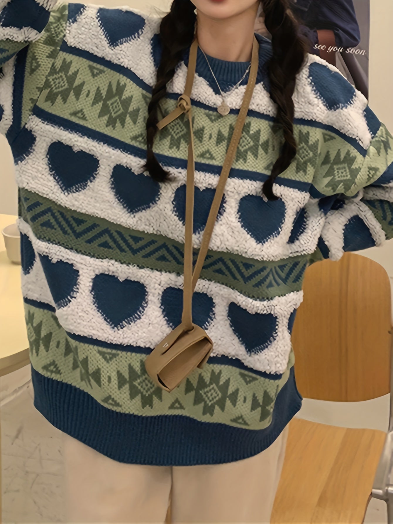 Sixsr Heart Pattern Crew Neck Pullover Sweater, Vintage Long Sleeve Soft Oversized Sweater, Women's Clothing