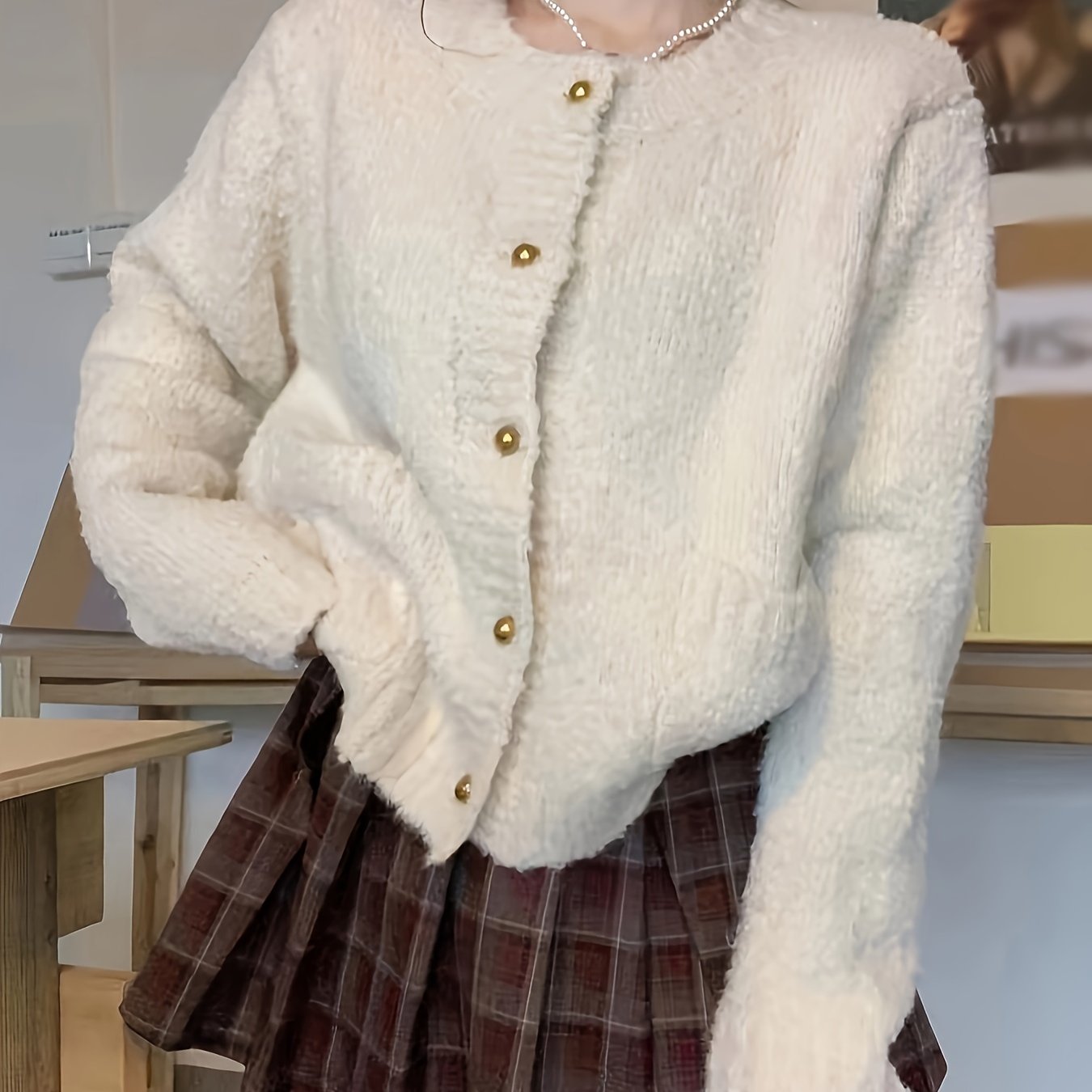 Sixsr Solid Button Down Fuzzy Knit Cardigan, Casual Crew Neck Long Sleeve Thick Sweater, Women's Clothing