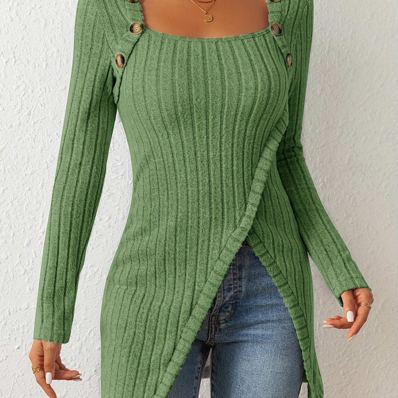Sixsr Ribbed Button Decor Asymmetrical Hem T-Shirt, Casual Long Sleeve Top For Spring & Fall, Women's Clothing