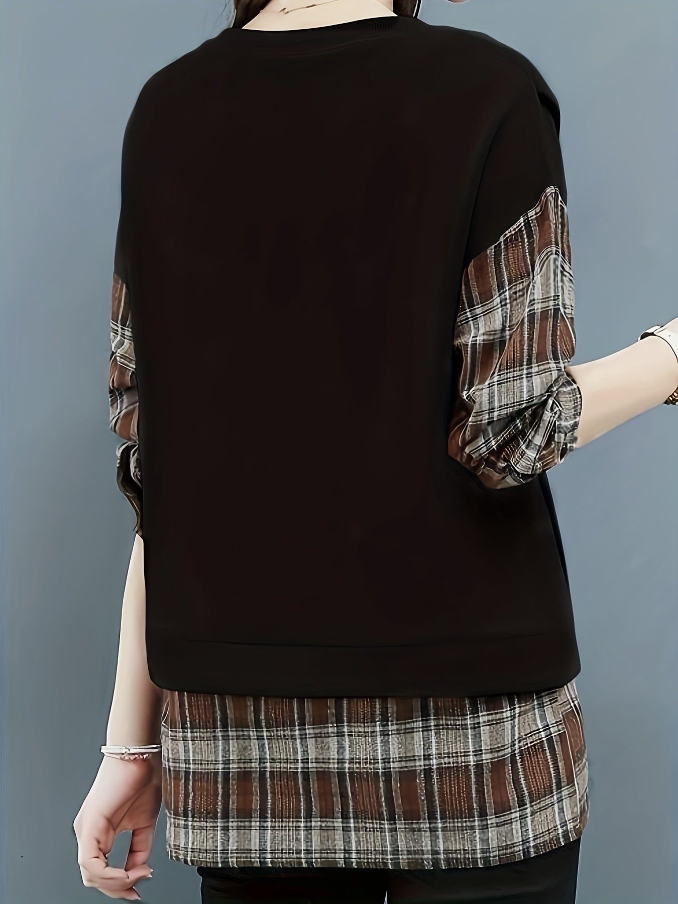 Sixsr Long Sleeve Plaid Pullover, Crew Neck Casual Top For Spring & Fall, Women's Clothing